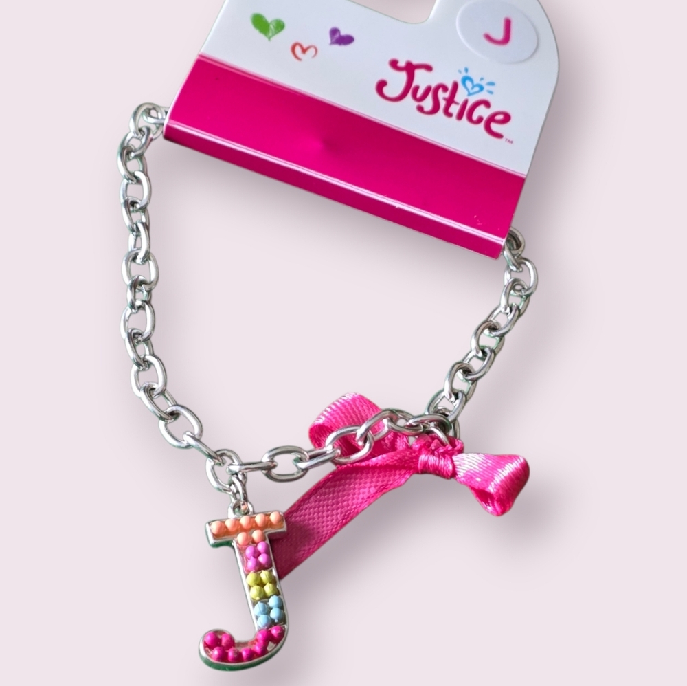 Justice Letter J Initial Charm Bracelet With Pink Ribbon Bow Fashion Jewelry